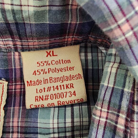 Real Work Wear Men Shirt Size XL Pearl Snap Green Blue Plaid Short Sleeve Pocket - Picture 8 of 9